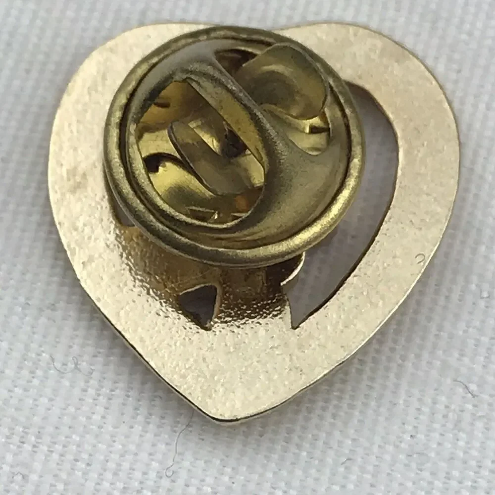 Heart Shaped Gold Tone Floral Enamel Brooch Pin Rhinestone Accent Vintage